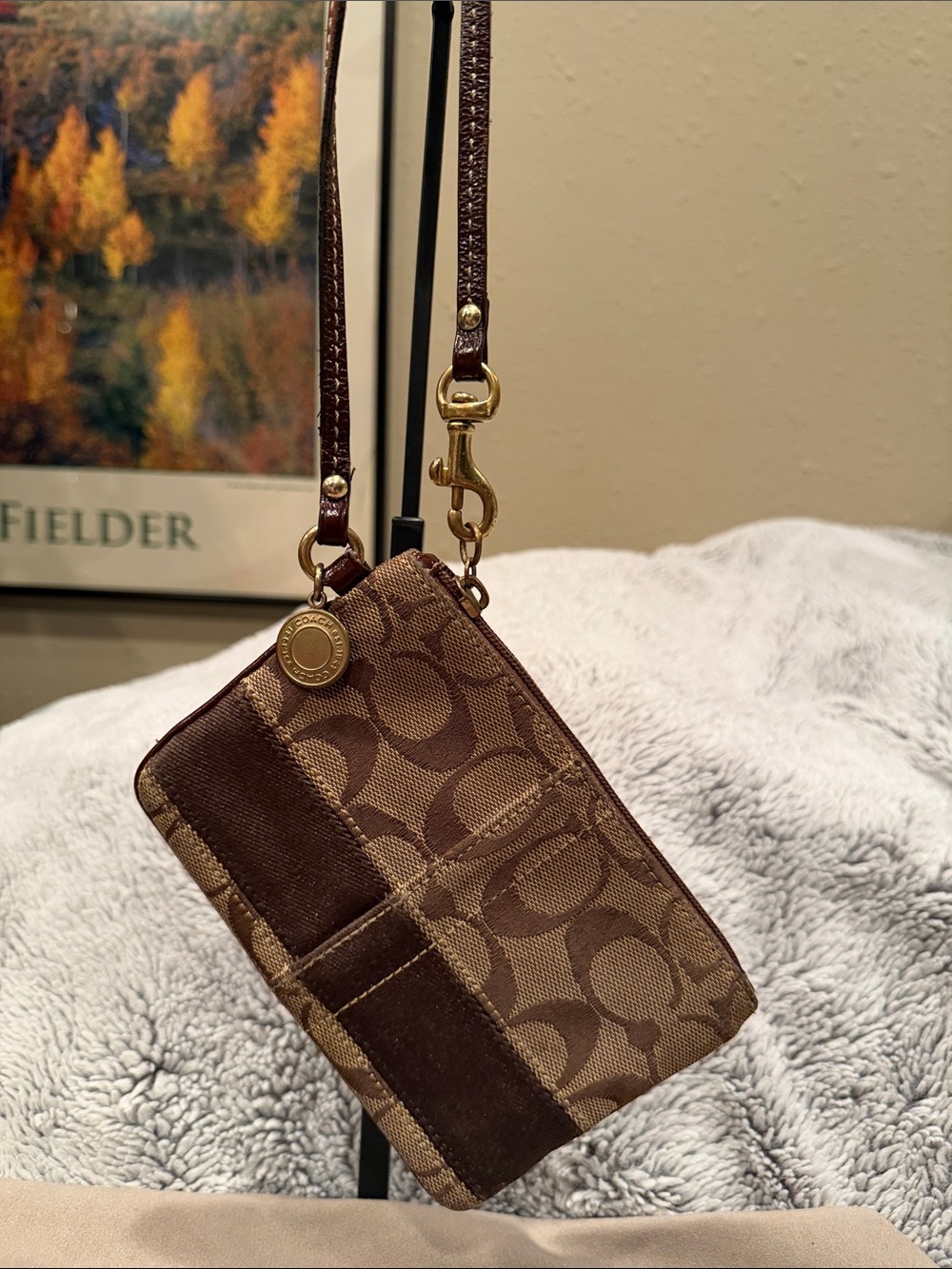 Coach Brown Signature Canvas Wristlet with Gold Hardware
